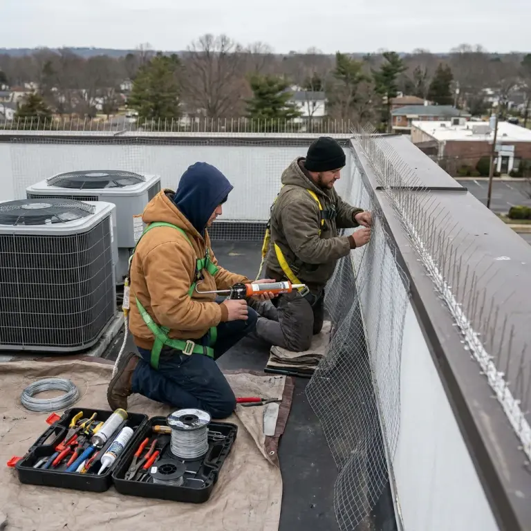 Bird barriers, repellents, and controls being installed around a property