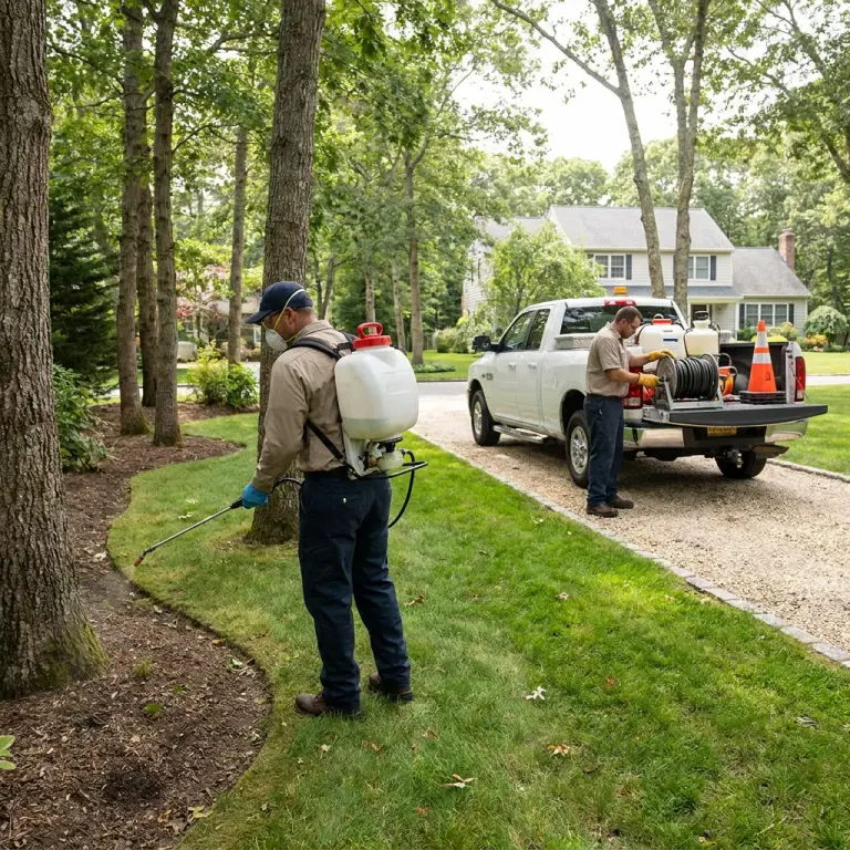 Professional mosquito and tick control service being performed around a residential property